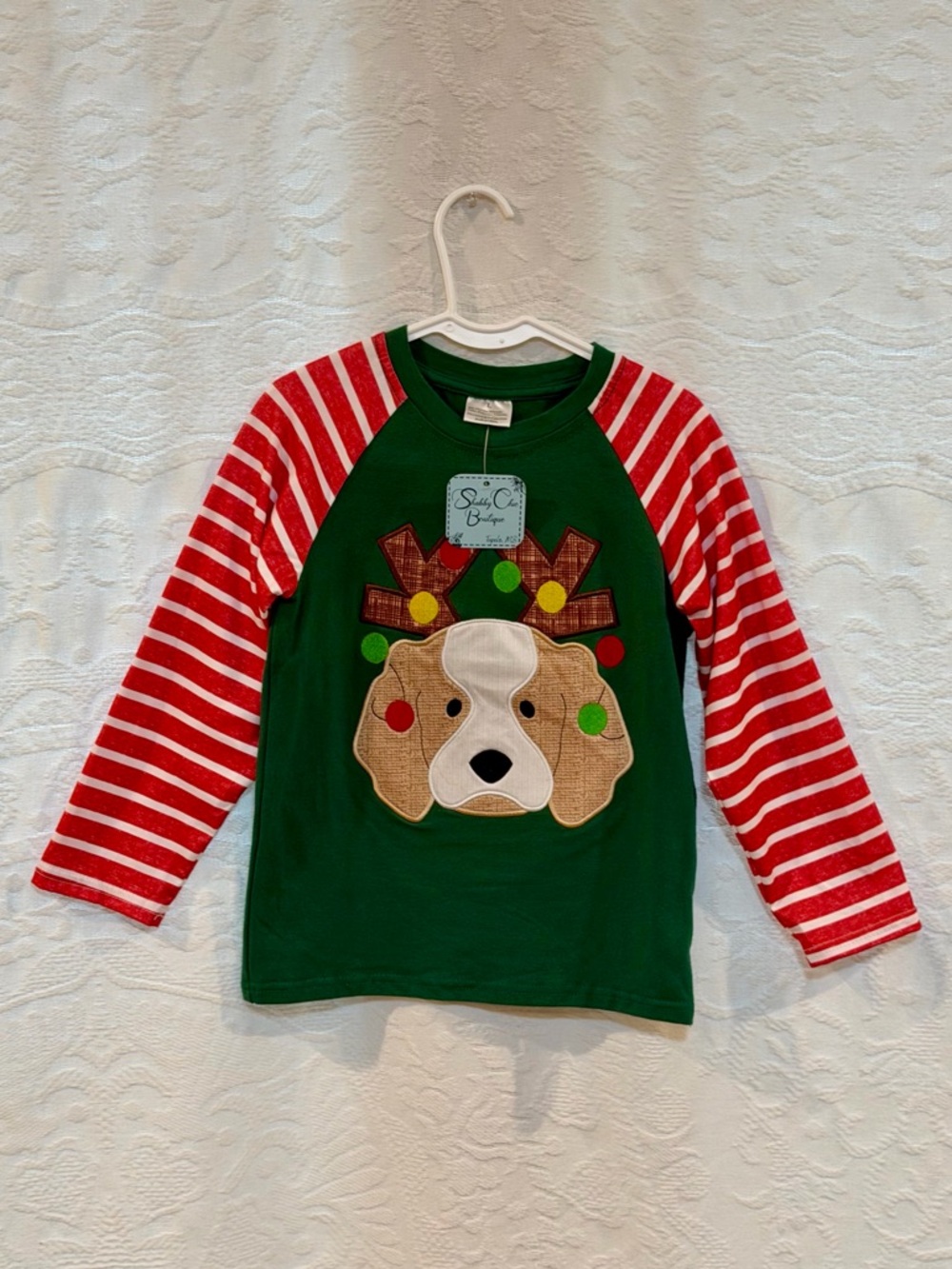 Shabby Chic Green Top with Red & White Striped Sleeves and Reindeer Appliqué
